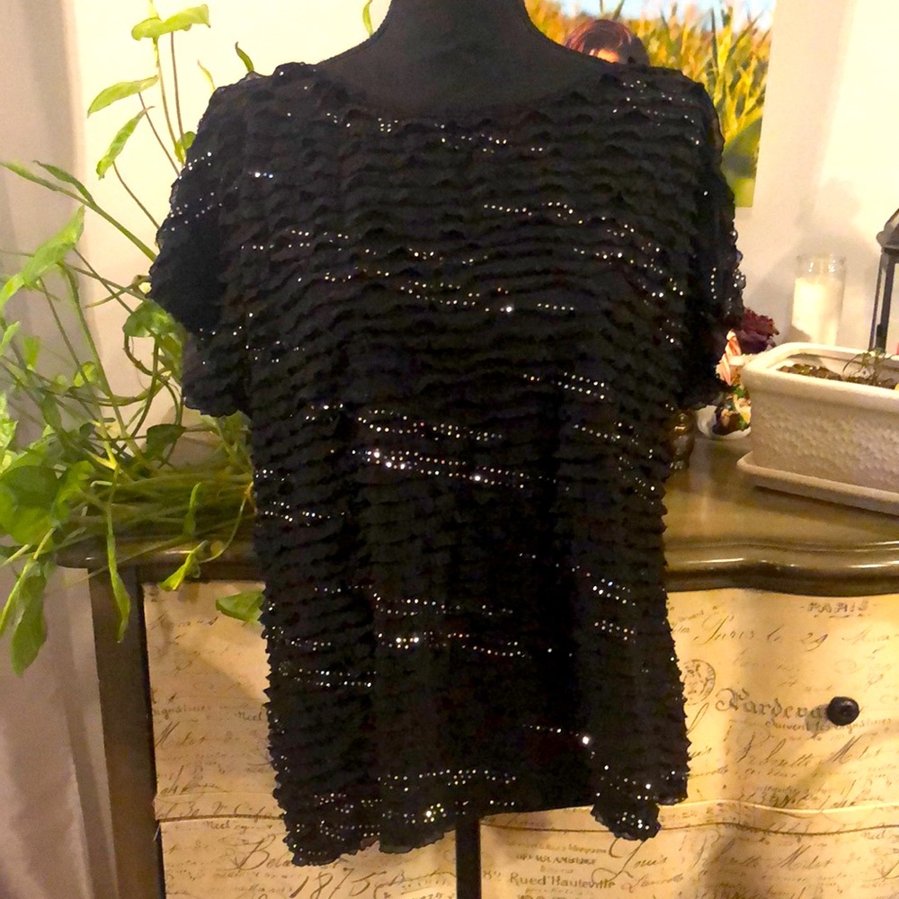 ELEMENTZ BLACK SHORT SLEEVE RUFFLED BLOUSE WITH SILVER SEQUINS PLUS SIZE 1X